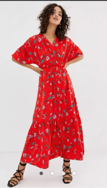 Vero Moda Size M Ava Floral Red Maxi Dress Tiered Flounced Hem