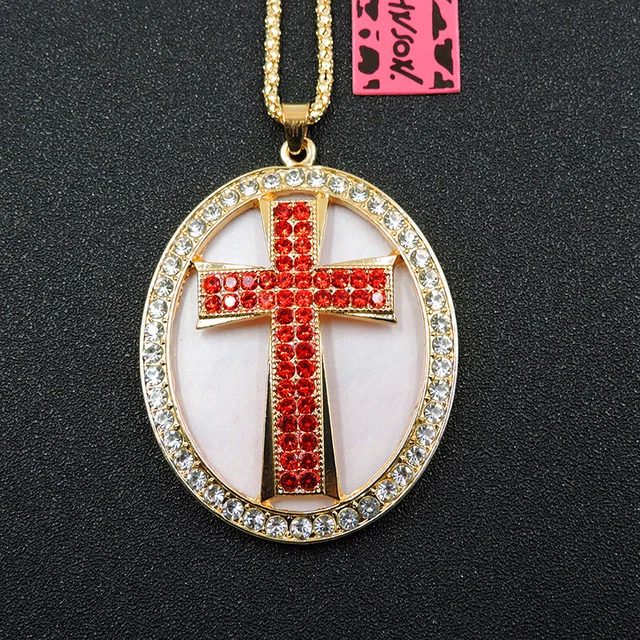 Betsey Johnson Red Rhinestone Cross Bling Crystal Pendant Chain Necklace