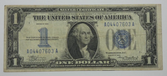 Series 1934 Blue Seal $1 Silver Certificate Note FINE Fr#1606 ~ Problem Free