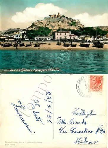 Cartolina di Roccella Jonica, spiaggia e castello - Reggio Calabria, 1956