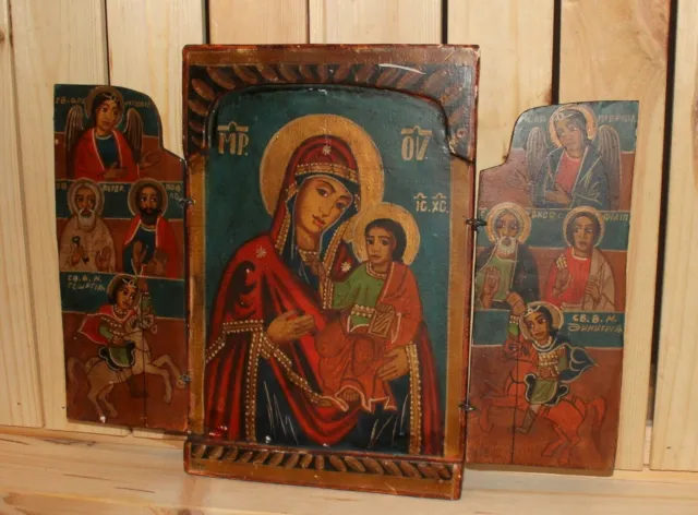 Vintage religiöse handbemalte Triptychon-Ikone Jesus Christus Kind Die...