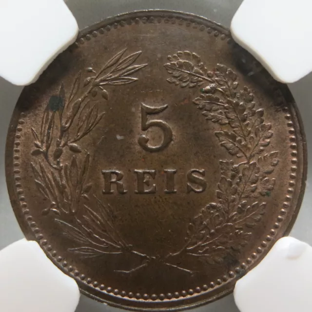 PORTUGAL Kingdom 5 reis 1892 NGC MS 62 BN UNC King Carlos I Bronze Graded Wreath