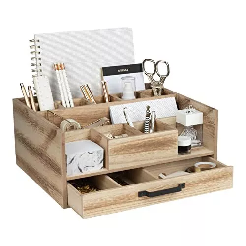 Natural Wooden Desktop Organizer Large Desk Accessories and Workspace Organiz...