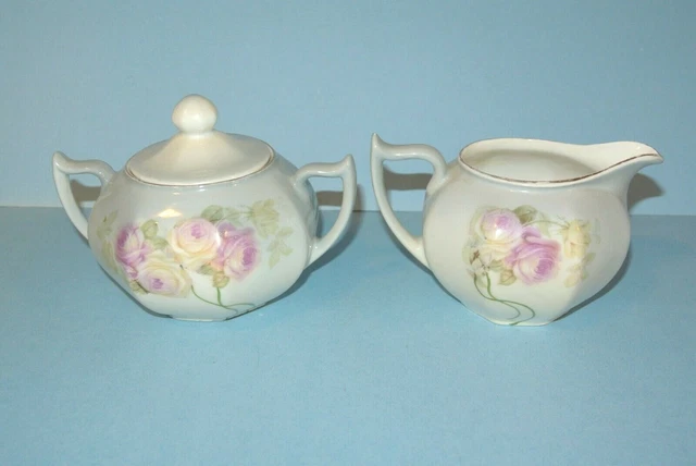 Vintage Z. S. & Co. Bavaria Pink Rose Design Light Blue Creamer & Sugar Bowl
