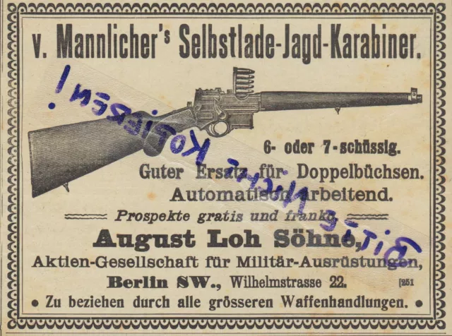 BERLIN, Werbung 1903, August Loh Söhne Ag für Militär-Ausrüstung Doppel-Büchsen