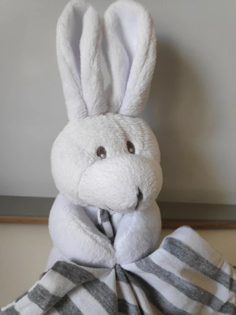 Peluche doudou lapin blanc mouchoir rayé gris Les Chatounets état neuf 3