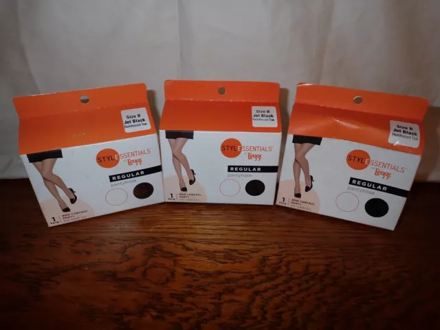 NOS 2008 3 Pairs Legg Style Essentials Jet Black Size B Pantyhose Reinforced Toe