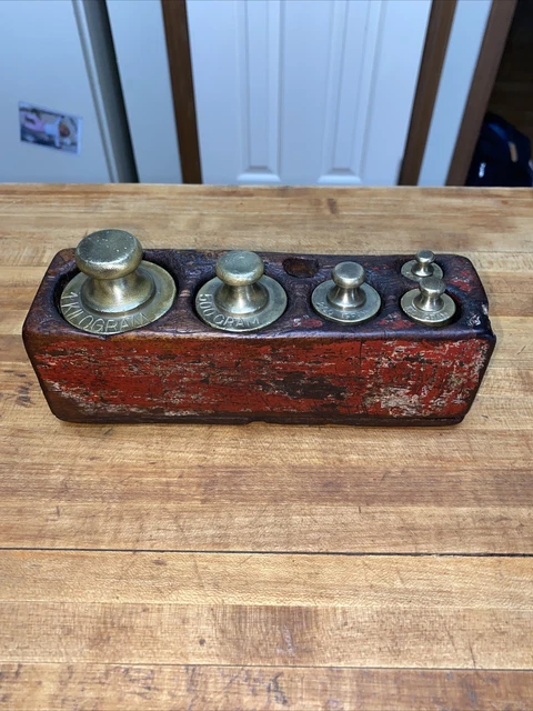 ANTIQUE Primitive LABORATORY APOTHECARY BRASS WEIGHT SET & OLD WOODEN BLOCK