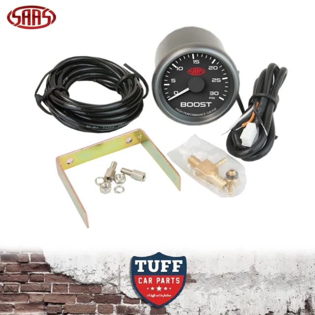 SAAS Turbo Diesel Boost Gauge Black Face 30 PSI 52mm Multi Colour + Fitting Kit