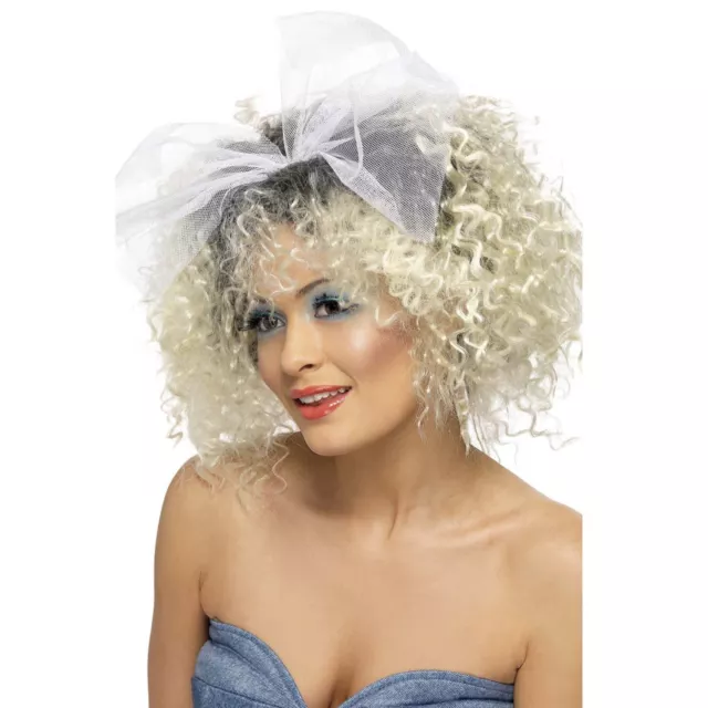 80s Wild Child Blonde Curly 80s 90s Pop Star Wig with Bow Fancy Dress Accessory