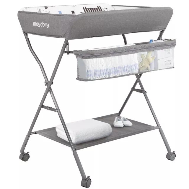 Baby Changing Table with Wheels, Maydolly Portable Adjustable Height Folding Dia