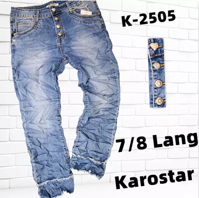 KAROSTAR Damen Jeans 7/8 Hose Baggy Denim Knöpfen hell Blau 38 40 42 44 46 48