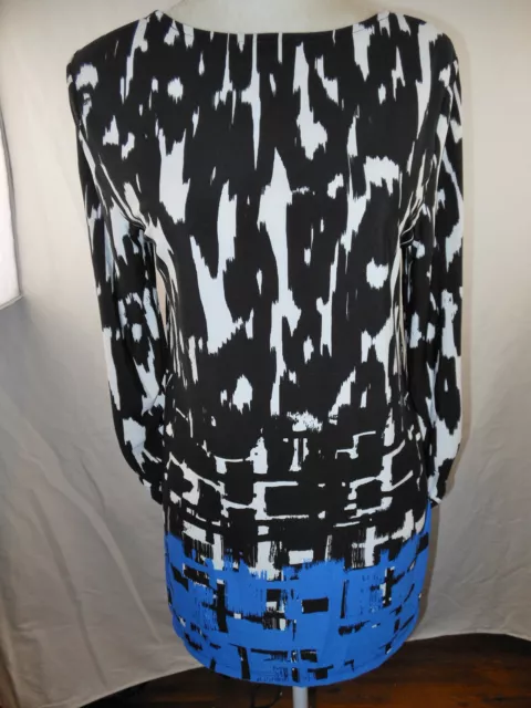 Kasper 3/4 sleeve, tunic knit top in black, white & blue abstract pattern