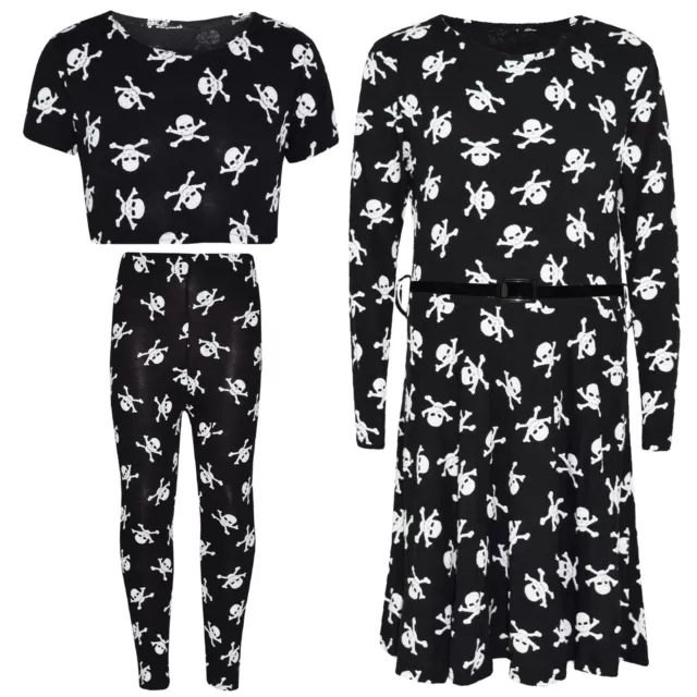 Bambine Teschio Top Corto Legging Pattinatrice Abito Costume Halloween 7-13 Anno