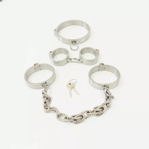 Stainless Steel Lockable Neck Collar Wrist Handcuffs Ankle Cuffs Detachable