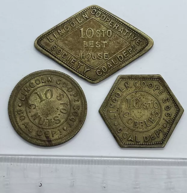 3 X Lincoln Co-Operative Coal Dept Trade Tokens - 10 Sto