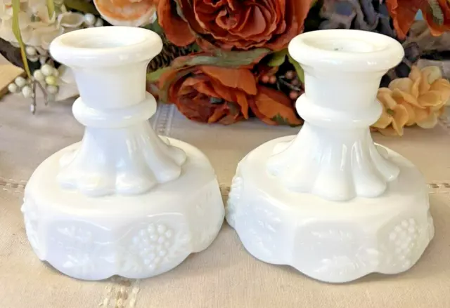 Pair of Branded Westmoreland White Milk Glass Paneled Grape Candle Holders
