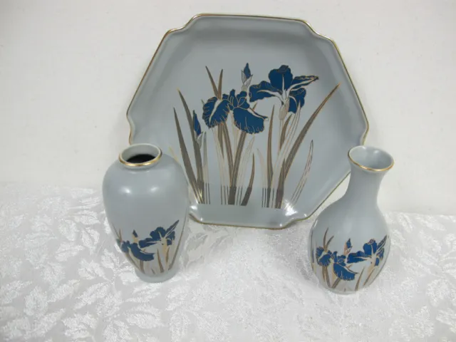 Vintage Otagiri Japan Plate Vases (2) Teal Gold Gray   Royal Iris Floral 3 Pcs