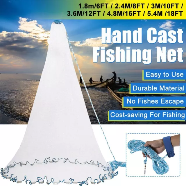 Fishing Cast Net Quick Throw Nylon Mesh Drawstring Chain Bottom Spread 6ft ~18ft