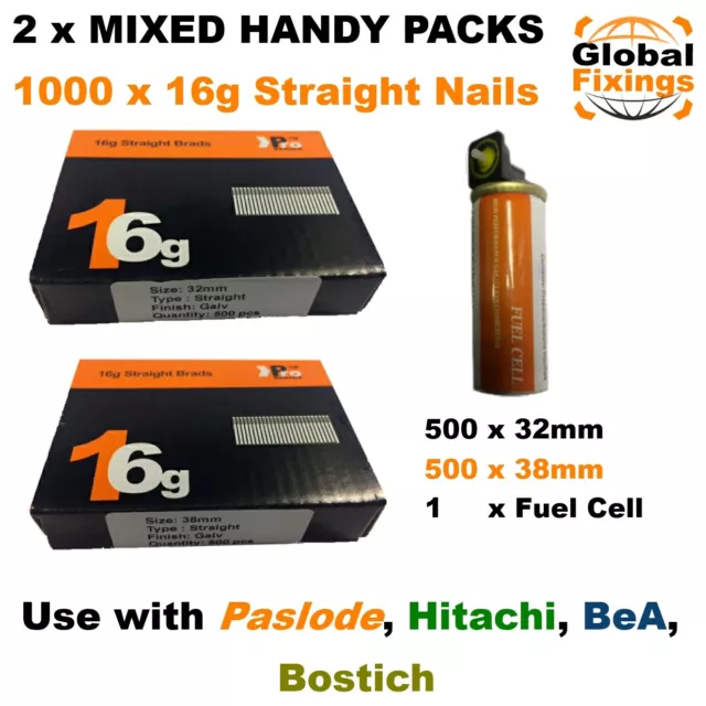 2 x Handy Packs 32mm+38mm 1000 16g STRAIGHT & 1 x Fuel Cell for Paslode IM65/250