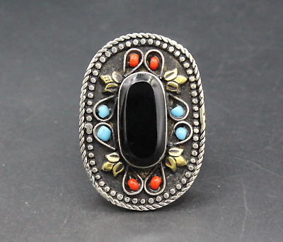 Vintage Afghan Turkmen Onyx Stone Ring, Colorful Beads Large Ring, Size 9US