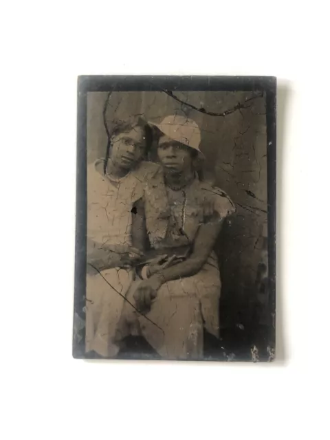 Antique Black or African American Lady & Girl Mother & Daughter Tintype Photo