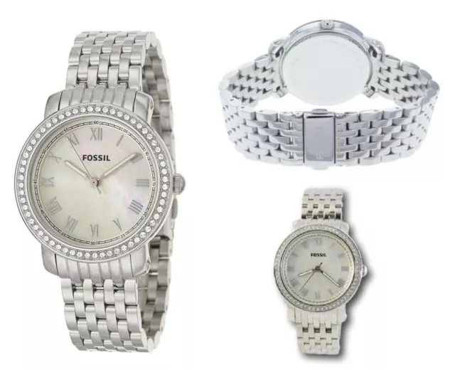 Neuf FOSSIL EMMA Argent Ton, Blanc Cadran Mop , Cristaux Pierre, Bracelet Montre