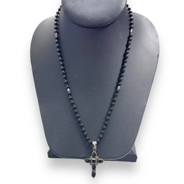 VINTAGE ROSARY STYLE Sterling Silver and Black Onyx Cross Necklace ...