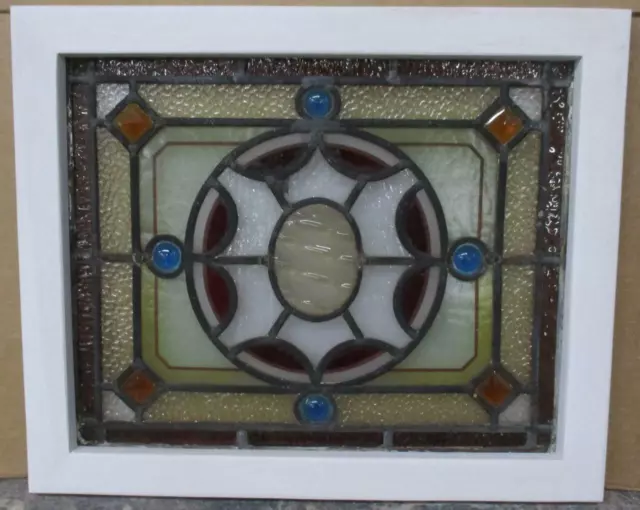 VICTORIAN OLD ENGLISH LEADED STAINED GLASS WINDOW Colorful Geo 19.5" x 16.25"
