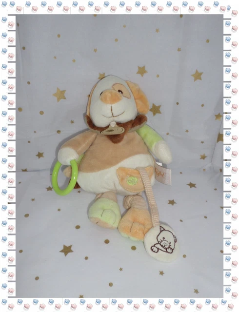 ⑪ - Doudou D'Eveil Activité Chien Beige Vert  "Pouet "  Anneau Grelot Baby Nat