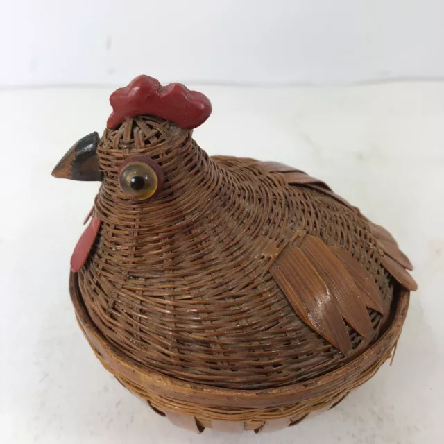 Woven Wicker Rattan Basket Chicken Hen Nest  Farmhouse trinket box 4”x 4 “ VTG