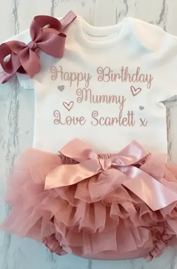 Personalised Birthday Wishes Mummy Daddy Outfit Dusky Pink Silver Tutu Knickers