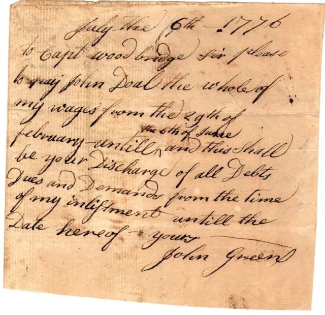July 6, 1776, Captain Woodbridge, pay order to John Green, John Doal, signed