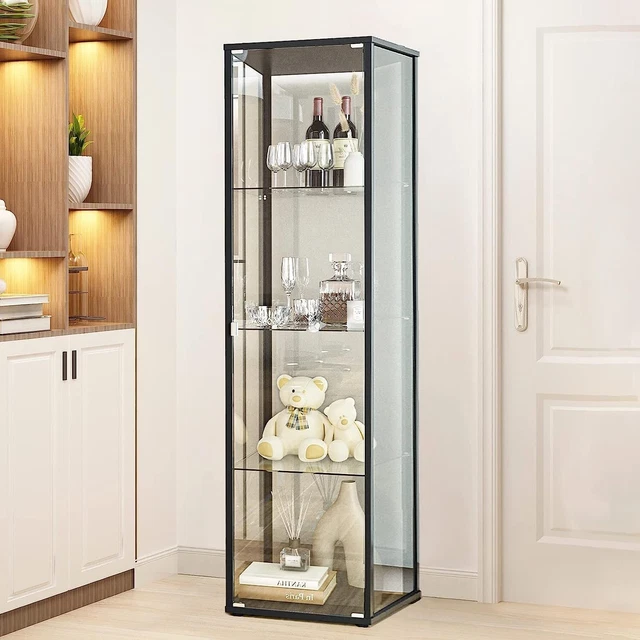 4 Shelf Glass Case-Single Door Glass Countertop Display Showcase Cabinet-Black