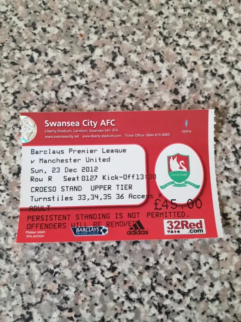 MATCH TICKET PREMIER LEAGUE SWANSEA V MAN UTD 23rd dec 2012