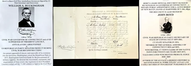 WILLIAM A, BUCKINGHAM Connecticut Governor /JOHM BOYD SIGNED APPOINTMENT 1859