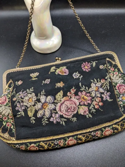 Vintage Needlepoint Petite Point Floral Tapestry Evening Bag Purse With Chain