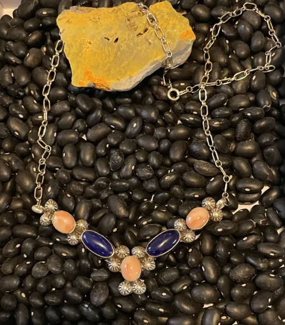 Native Lapis💙💗Pink Opal Sterling Silver Bar Necklace Multistone V Neck