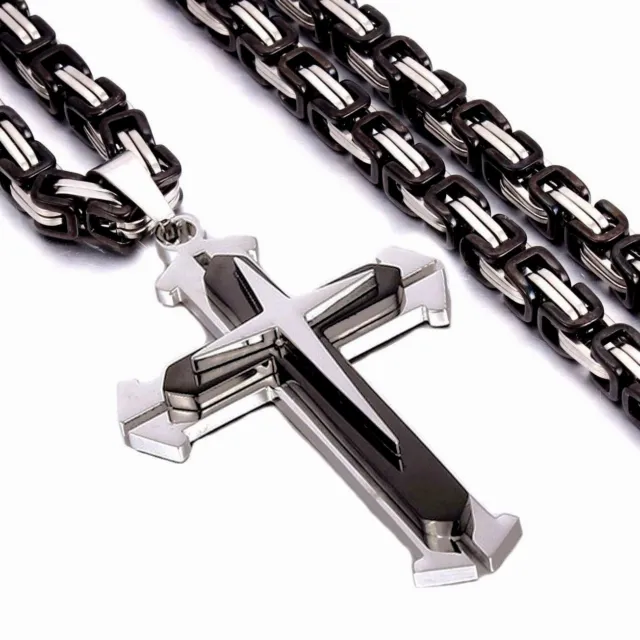 18-36'' Men Stainless Steel Cross Pendant Black Necklace Byzantine Box Necklace