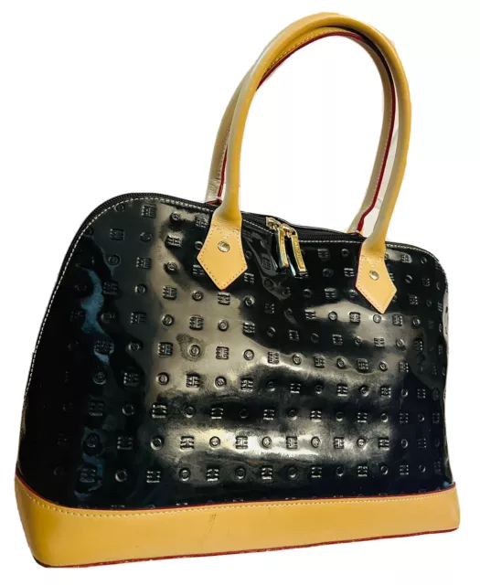 Italian Arcadia Dome Satchel Tote Handbag Black Leather Double Zipper Base Studs