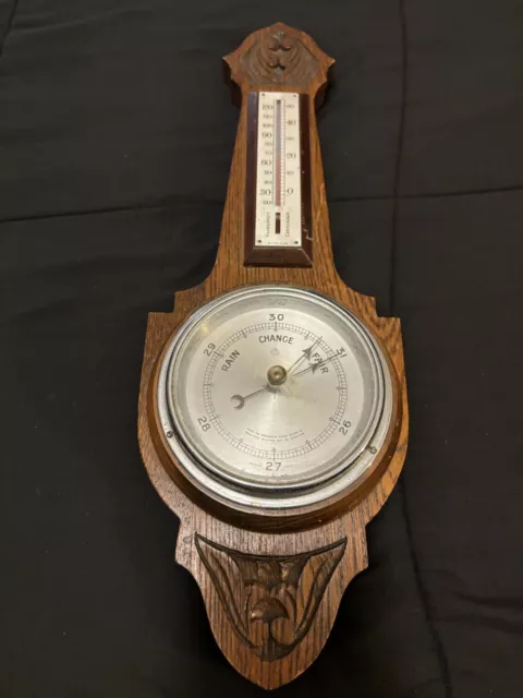 Vintage 1940s Working Made British Oak Wood Barometer