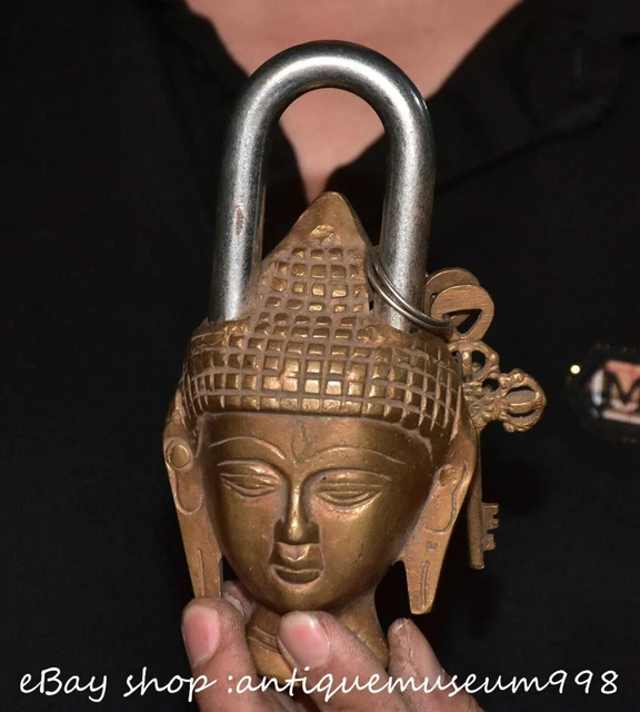 6& OLD CHINESE Copper Dynasy Shakyamuni Buddha Head lock Statue