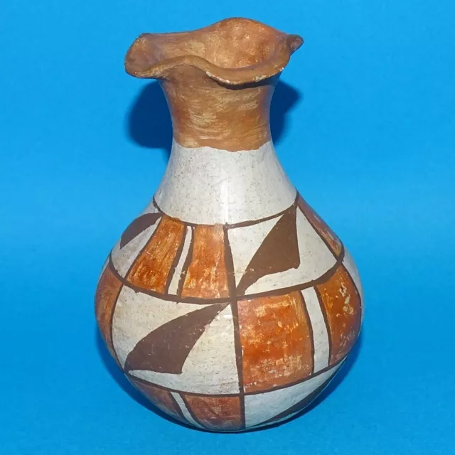 Old Native American Acoma Pueblo Pottery Polychrome Vase Signed 4.5” Fluted Rim