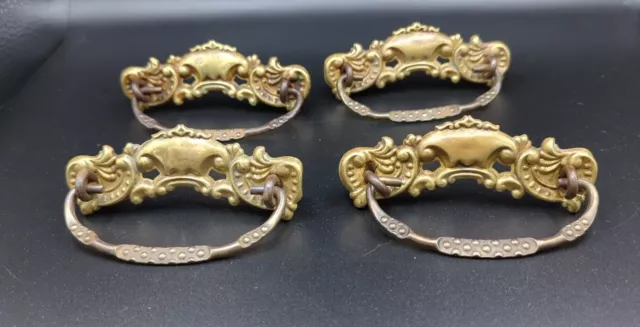 Set of 4 Antique Stamped Brass Dresser Cabinet Drawer Pulls with Iron Bails