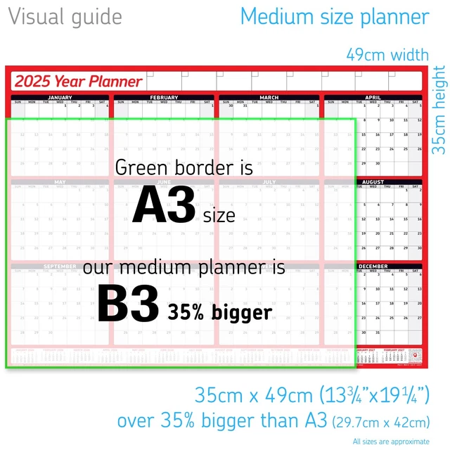 2025 YEAR PLANNER Calender Wall Chart Yearly Calendar+FREE 200 Dots A3