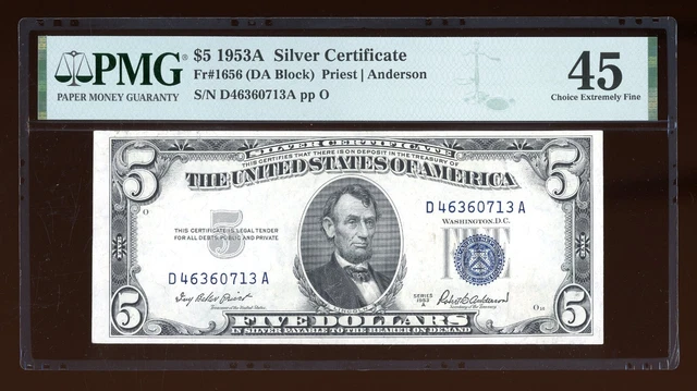 DBR 1953-A $5 Silver Fr. 1656 DA Block PMG 45 Serial D46360713A