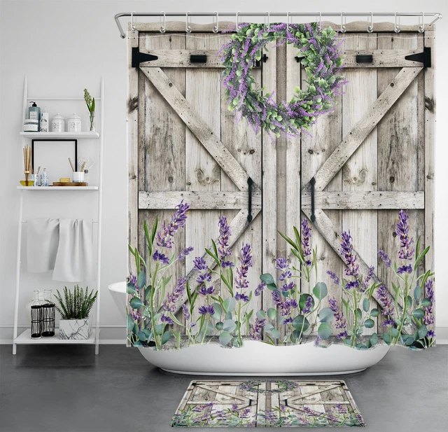 Rustic Barn Door Lavender Flower Wreath Shower Curtain Bathroom Accessories Set