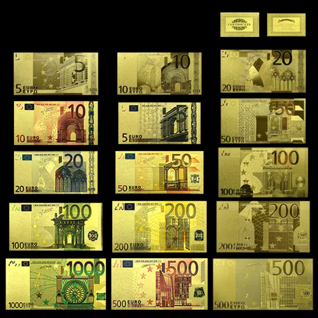 15 Stück Euro-Goldbanknoten Set - Mit Zertifikat - Vergoldet - 5,10,20,50 Euro