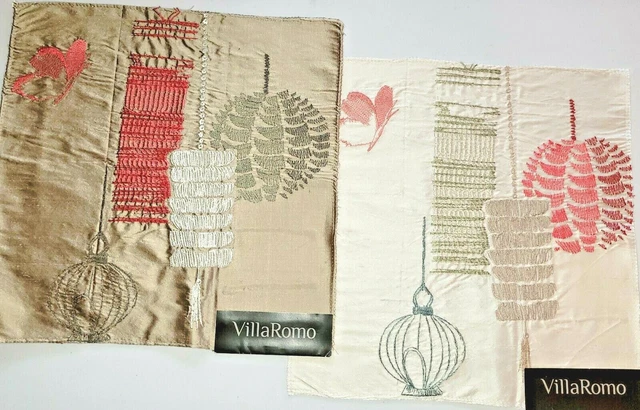 (2) VILLA ROMO Fabric Remnants - ODORI - EMBROIDERY LANTERNS - SILK - 12 1/2"sq
