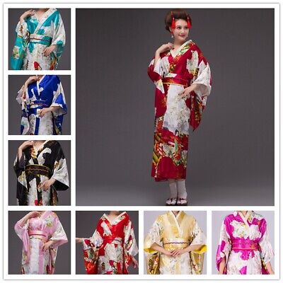 Geisha Satin Kimono Floral Japanese Yukata Robe Ethnic Costume Show Cosplay Lady
